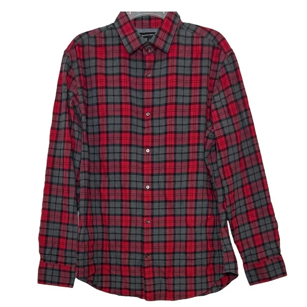 Banana Republic Shirt Plaid Flannel 100% Cotton Button Down Red Gray Size Large